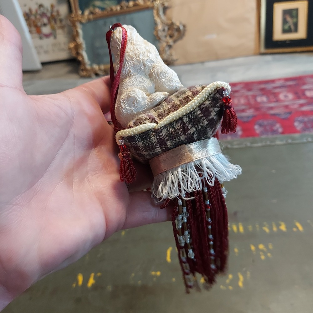Vintage Style White Poodle on Plaid Pillow Hanging Ornament Beaded Tassel 9" - Picture 5 of 5